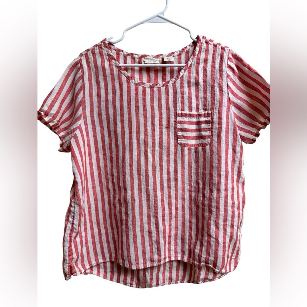 Christian Siriano New York Red White Striped 100% Linen Short Sleeve Top Large